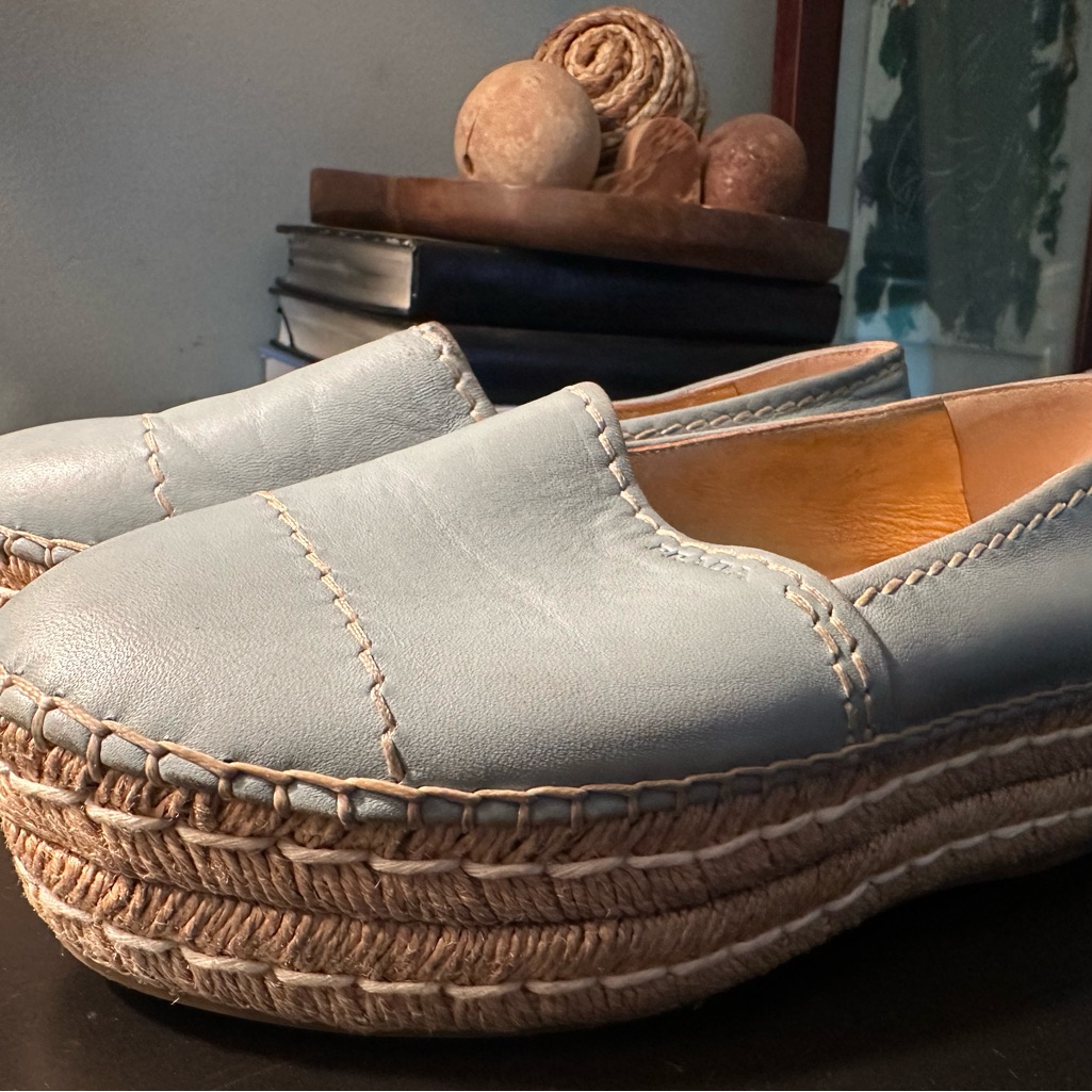 Prada Light Blue Leather Espadrille Platform Slip-On